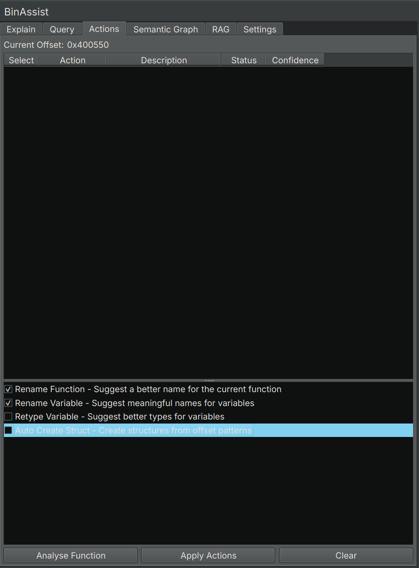Actions Tab Interface
